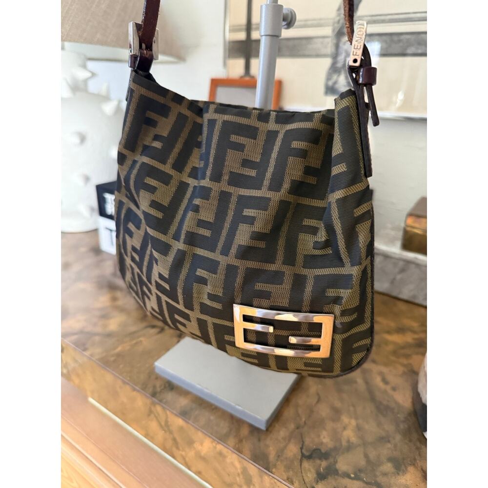 FENDI Zucca Mini Shoulder Bag canvas baguette Logo Brown Silver Y2K Slouch - Picture 8 of 11
